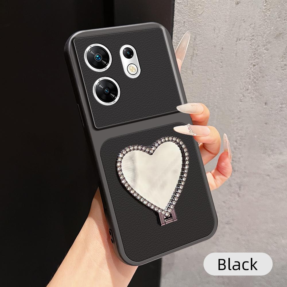 For Infinix Zero 30 4G Lambskin Series Skin Feel Shockproof Phone Case with Heart Mirror Holder - Black - EDA009991430C