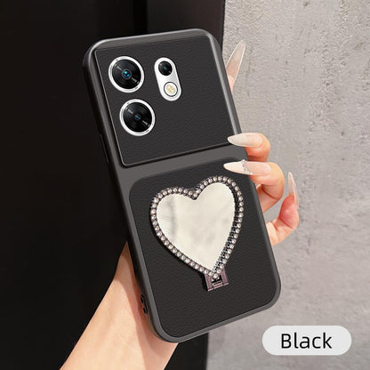 For Infinix Zero 30 4G Lambskin Series Skin Feel Shockproof Phone Case with Heart Mirror Holder - Black - EDA009991430C