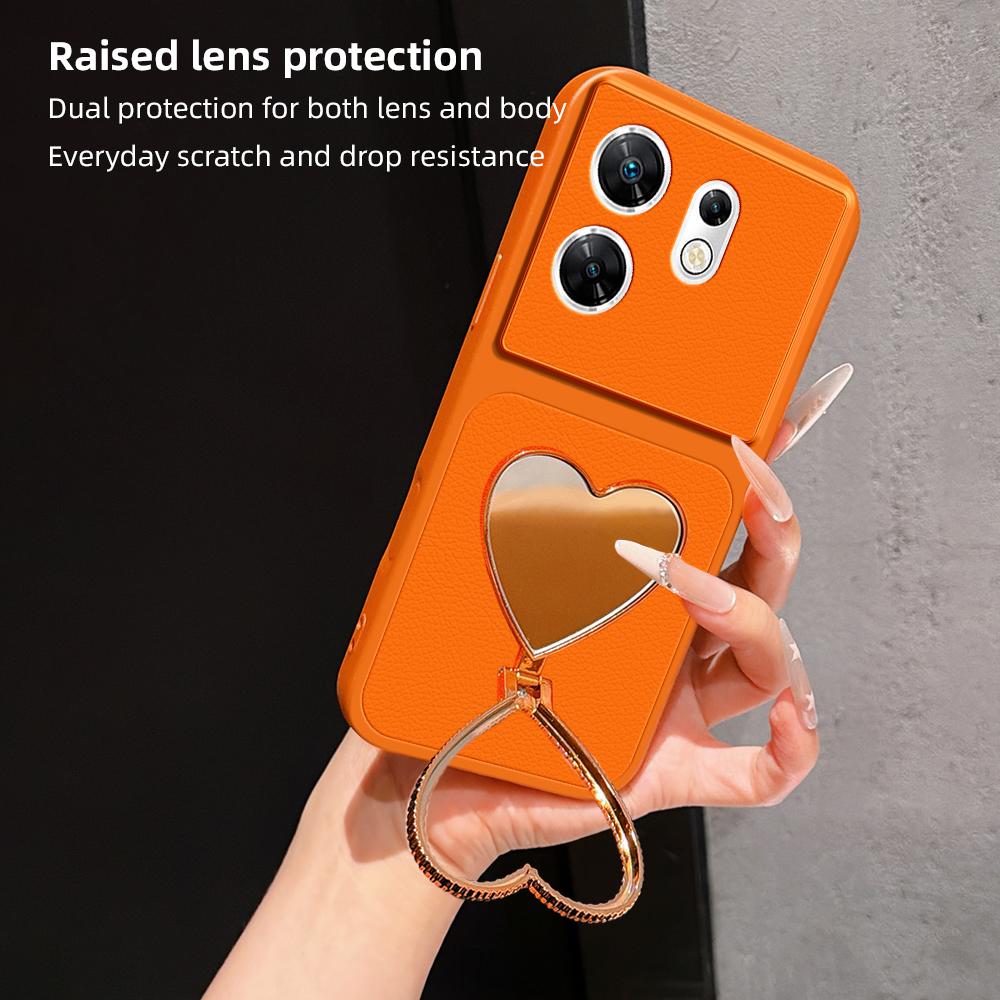 For Infinix Zero 30 4G Lambskin Series Skin Feel Shockproof Phone Case with Heart Mirror Holder - Silver - EDA009991430D