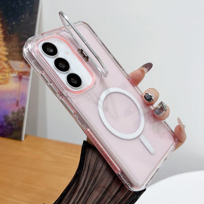 For Galaxy S25 5G Crystal Clear Camera Lens Holder Magnetic Phone Case - Pink - EDA009991504A
