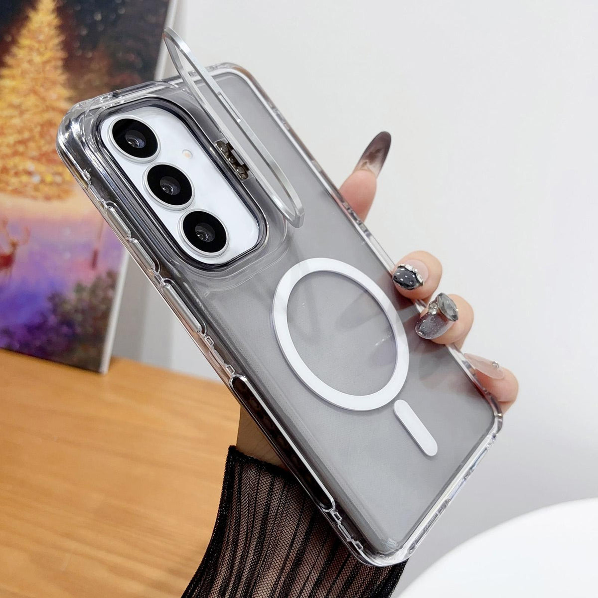 For Galaxy S25 5G Crystal Clear Camera Lens Holder Magnetic Phone Case - Black - EDA009991504B