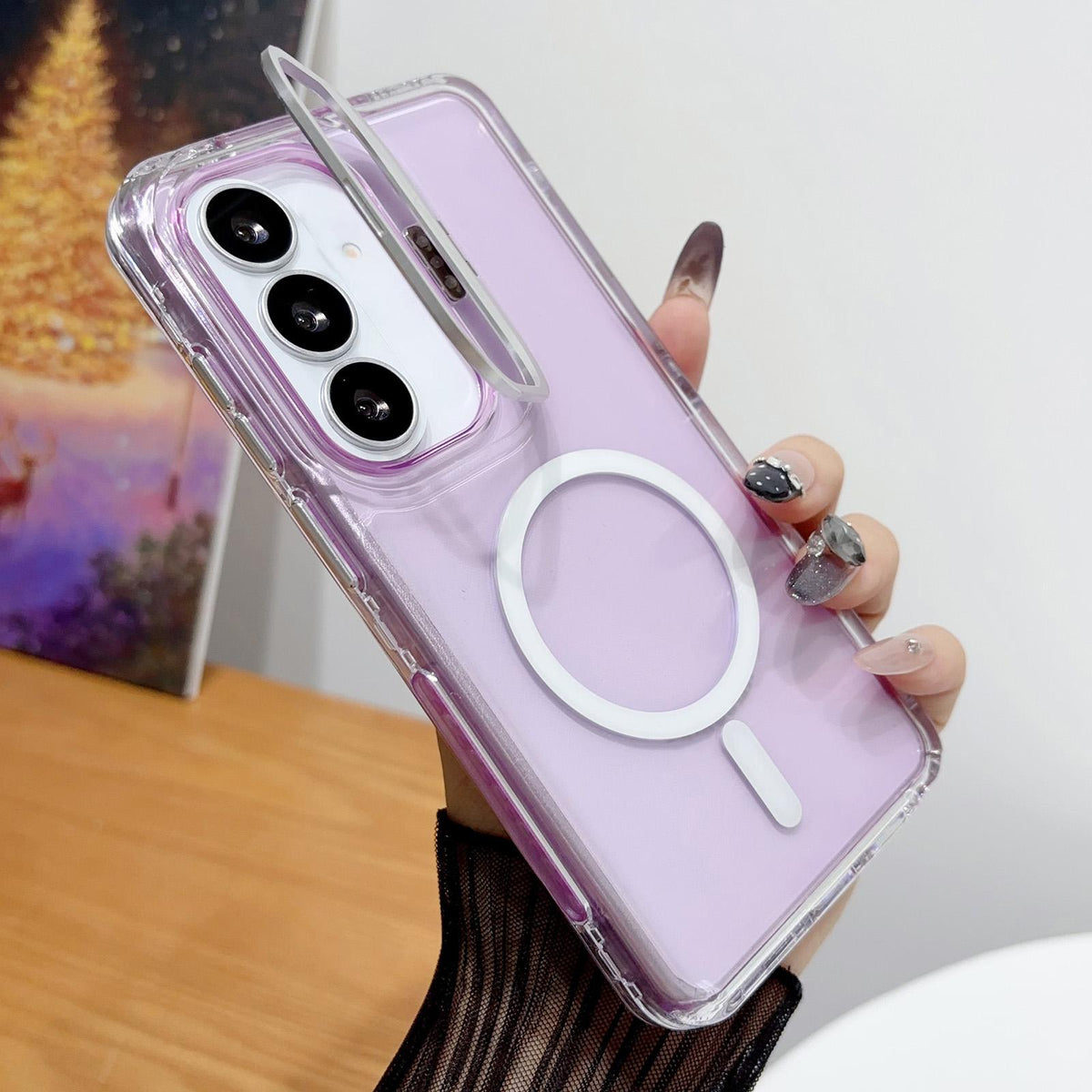 For Galaxy A17 4G / 5G Crystal Clear Camera Lens Holder Magnetic Phone Case - Purple - EDA009991701C