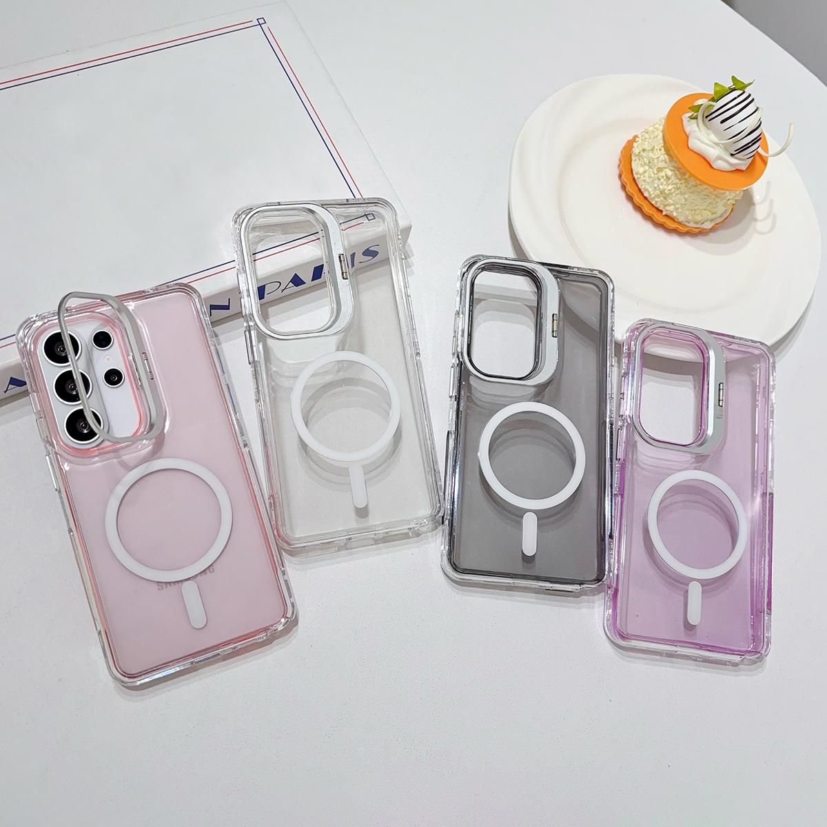 For Galaxy A37 5G Crystal Clear Camera Lens Holder Magnetic Phone Case - Pink - EDA009991706A