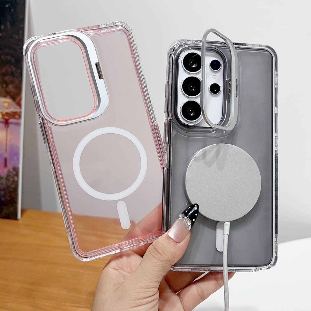 For Galaxy A17 4G / 5G Crystal Clear Camera Lens Holder Magnetic Phone Case - Pink - EDA009991701A