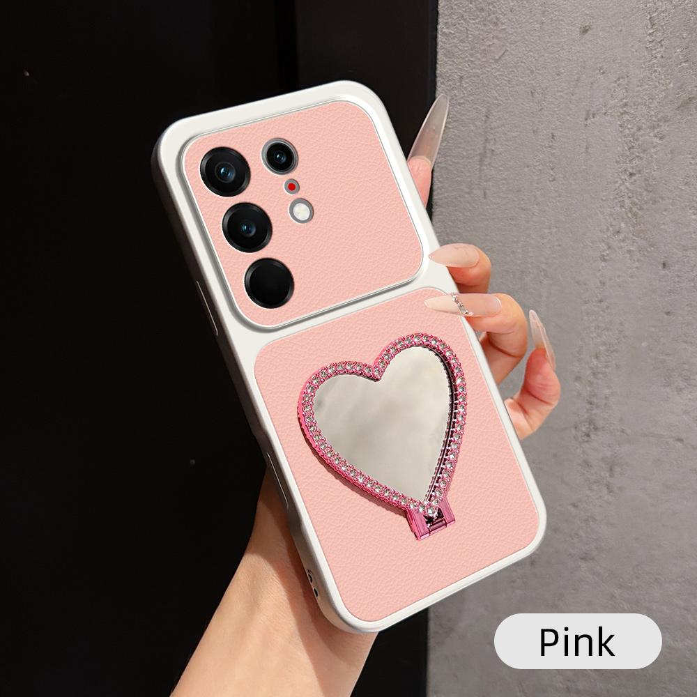 For Tecno Camon 50 Ultra 5G Lambskin Series Skin Feel Shockproof Phone Case with Heart Mirror Holder - Pink - EDA009992001A