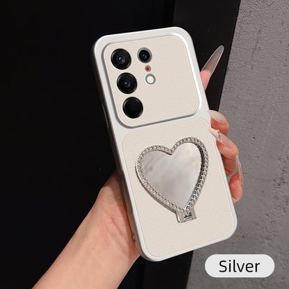 For Tecno Camon 50 Ultra 5G Lambskin Series Skin Feel Shockproof Phone Case with Heart Mirror Holder - Silver - EDA009992001D
