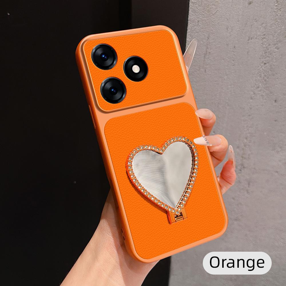 For Tecno Spark 10 Lambskin Series Skin Feel Shockproof Phone Case with Heart Mirror Holder - Orange - EDA009992003E