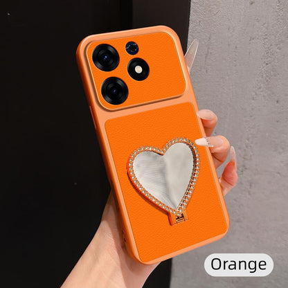 For Tecno Spark 10 Pro Lambskin Series Skin Feel Shockproof Phone Case with Heart Mirror Holder - Orange - EDA009992004E