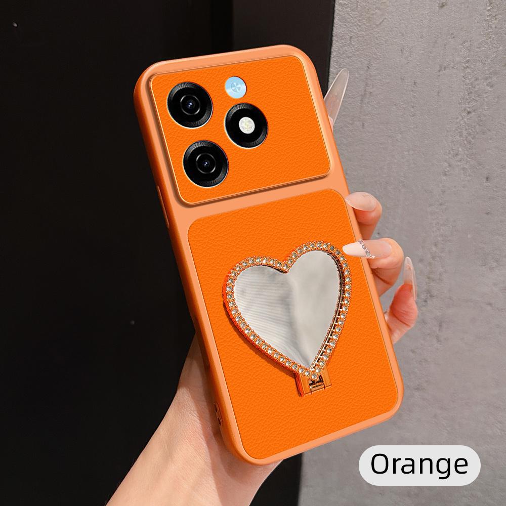 For Tecno Spark 20 Lambskin Series Skin Feel Shockproof Phone Case with Heart Mirror Holder - Orange - EDA009992005E