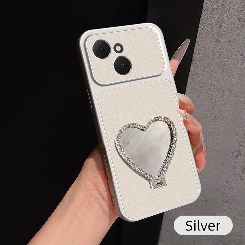 For Tecno Spark 40C Lambskin Series Skin Feel Shockproof Phone Case with Heart Mirror Holder - Silver - EDA009992007D