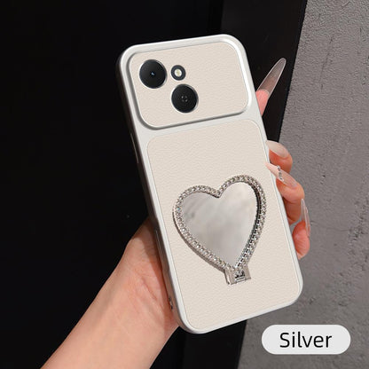 For Tecno Spark 40C Lambskin Series Skin Feel Shockproof Phone Case with Heart Mirror Holder - Silver - EDA009992007D