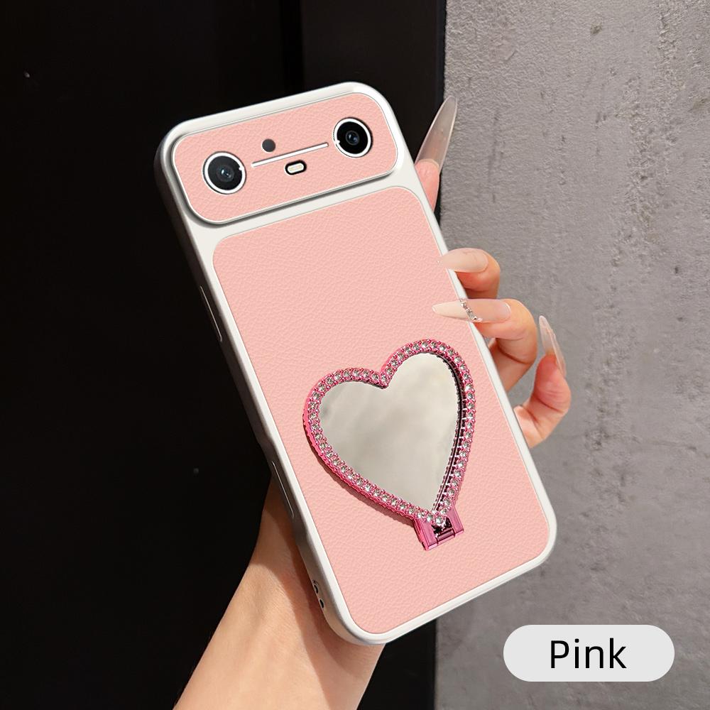 For Tecno Spark Slim Lambskin Series Skin Feel Shockproof Phone Case with Heart Mirror Holder - Pink - EDA009992011A
