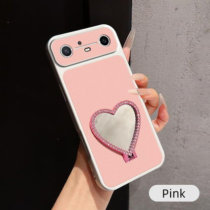 For Tecno Spark Slim Lambskin Series Skin Feel Shockproof Phone Case with Heart Mirror Holder - Pink - EDA009992011A
