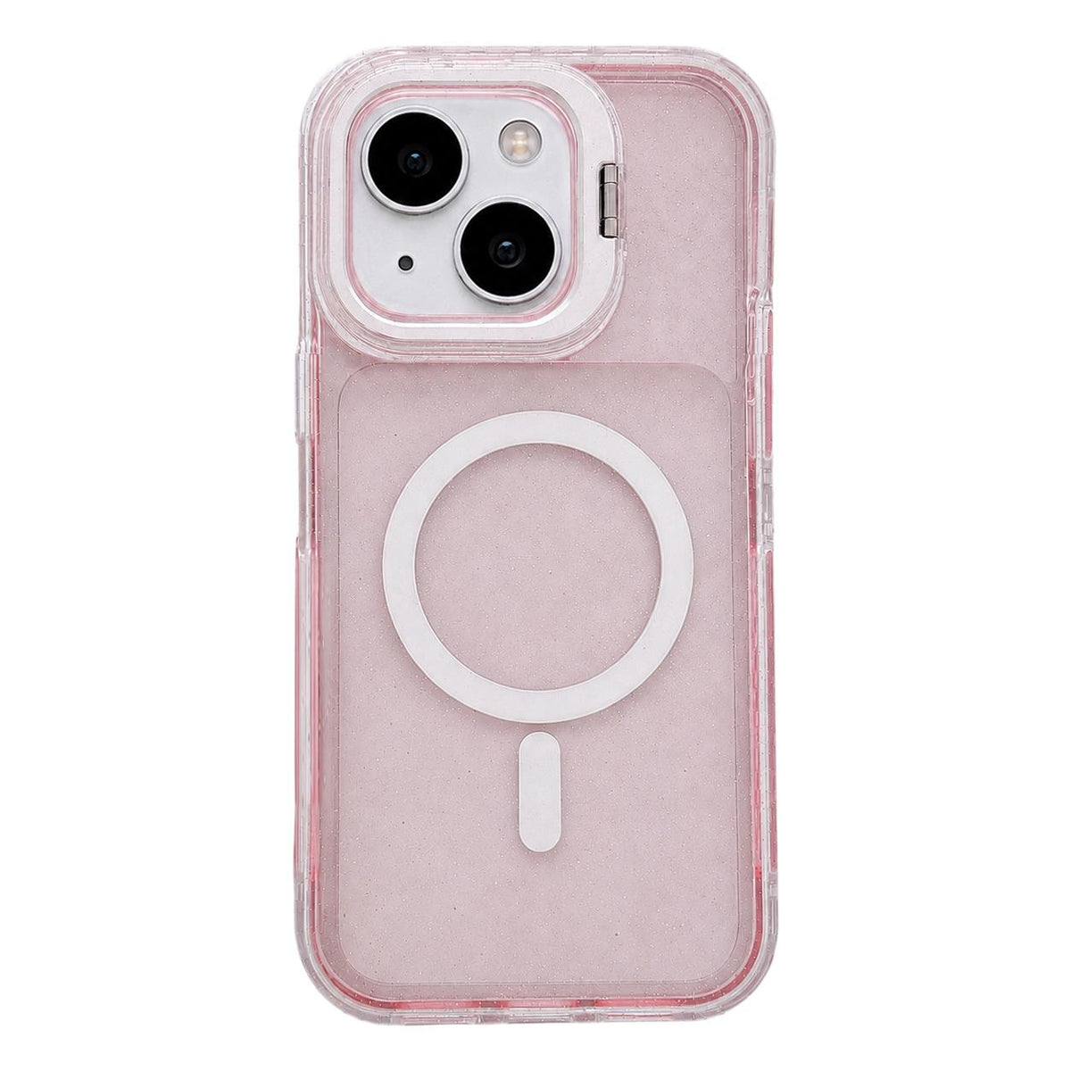 For iPhone 14 Crystal Clear Glitter Camera Lens Holder Magnetic Phone Case - Pink - EDA009992216D