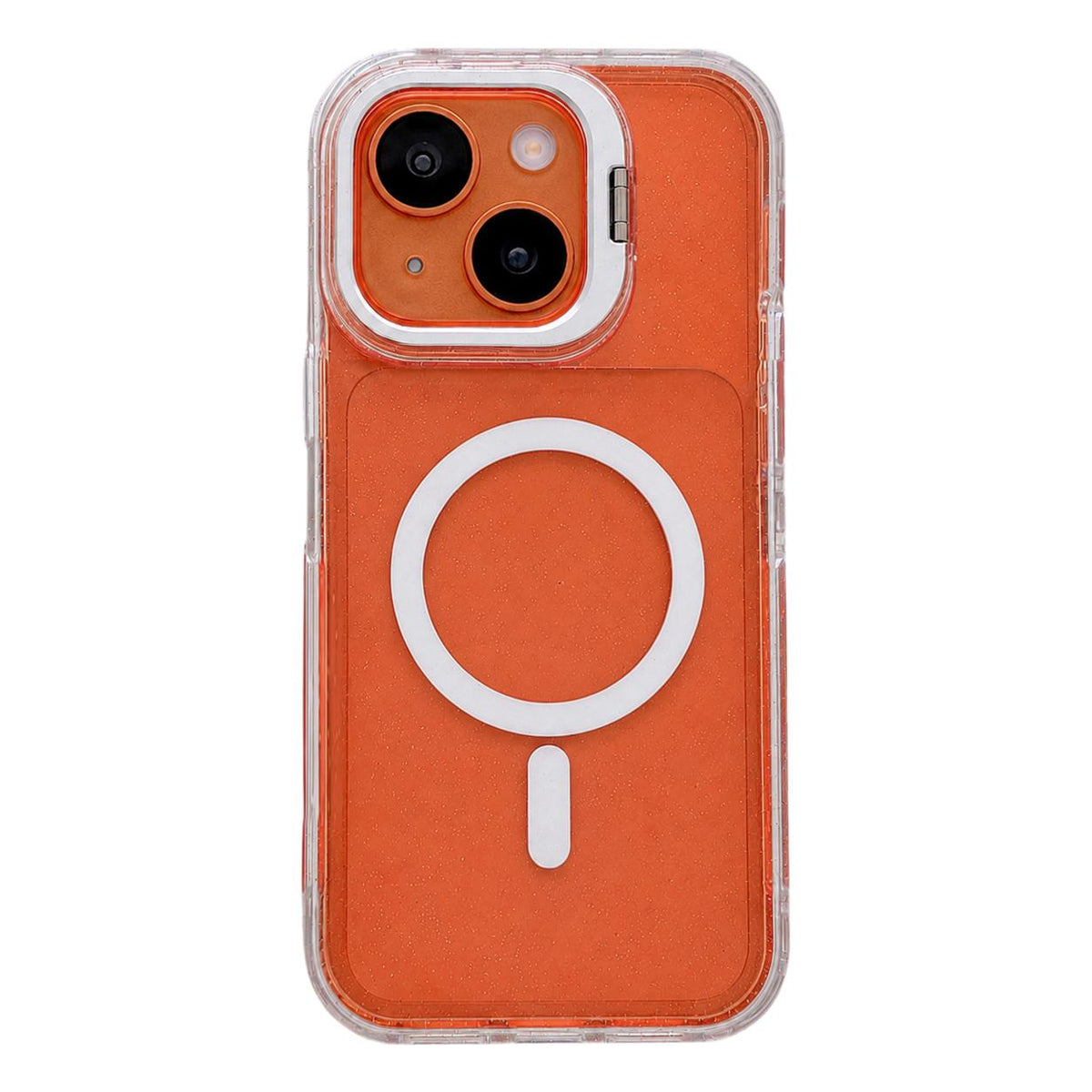 For iPhone 14 Crystal Clear Glitter Camera Lens Holder Magnetic Phone Case - Orange - EDA009992216E