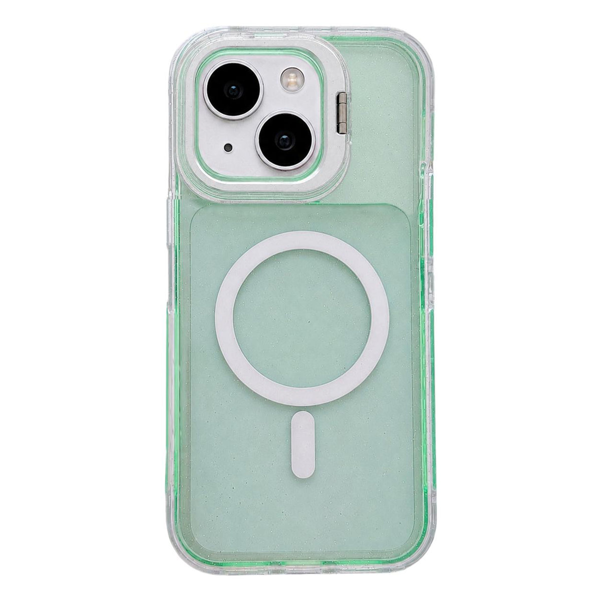 For iPhone 14 Crystal Clear Glitter Camera Lens Holder Magnetic Phone Case - Green - EDA009992216G