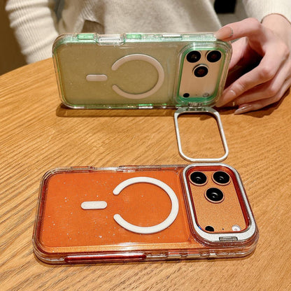 For iPhone 14 Crystal Clear Glitter Camera Lens Holder Magnetic Phone Case - Pink - EDA009992216D