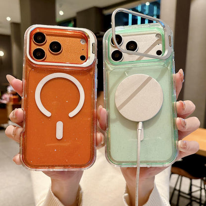 For iPhone 14 Crystal Clear Glitter Camera Lens Holder Magnetic Phone Case - Pink - EDA009992216D