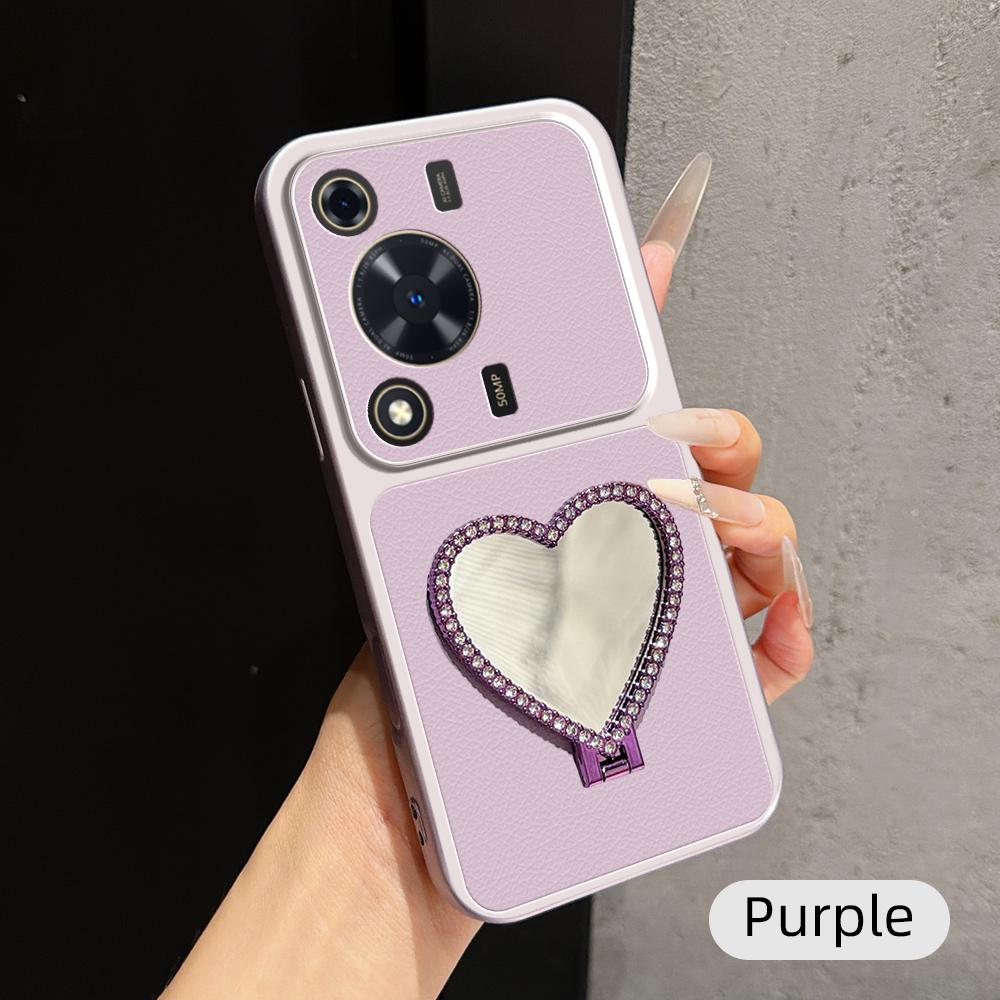 For Huawei Enjoy 70 Lambskin Series Skin Feel Shockproof Phone Case with Heart Mirror Holder(Purple)