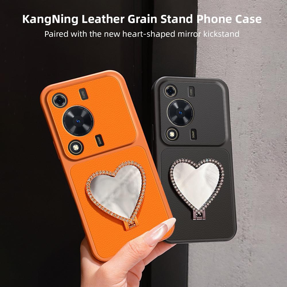 For Huawei Enjoy 70 Lambskin Series Skin Feel Shockproof Phone Case with Heart Mirror Holder(Black)