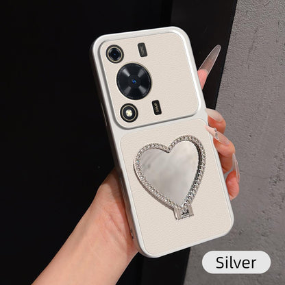 For Huawei Enjoy 70 Lambskin Series Skin Feel Shockproof Phone Case with Heart Mirror Holder(Silver)