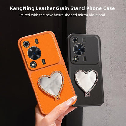 For Huawei Enjoy 70 Lambskin Series Skin Feel Shockproof Phone Case with Heart Mirror Holder(Orange)