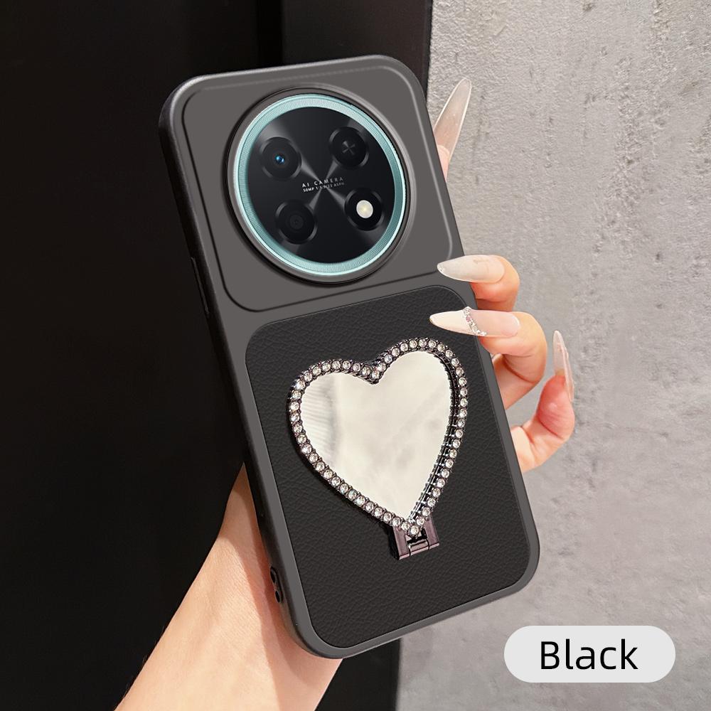 For Huawei Enjoy 90 Pro Max 5G Lambskin Series Skin Feel Shockproof Phone Case with Heart Mirror Holder - Black - EDA009994303C