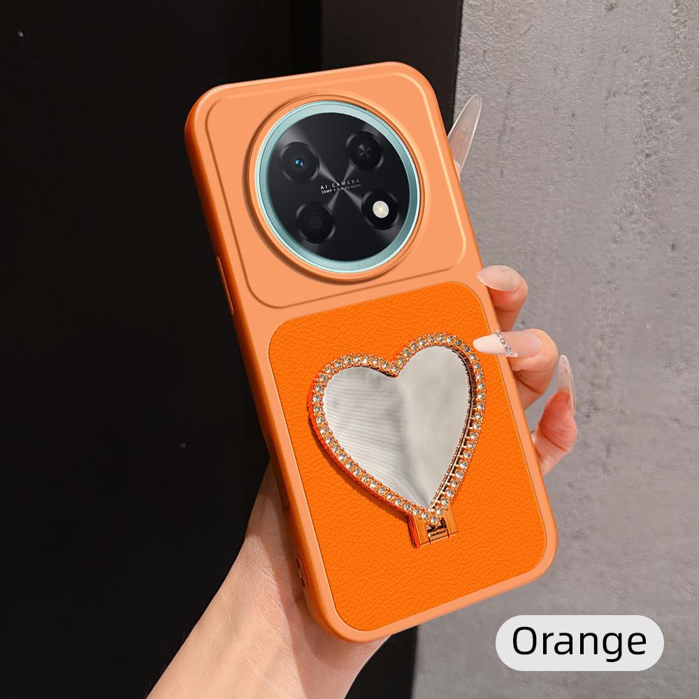For Huawei Enjoy 90 Pro Max 5G Lambskin Series Skin Feel Shockproof Phone Case with Heart Mirror Holder - Orange - EDA009994303E