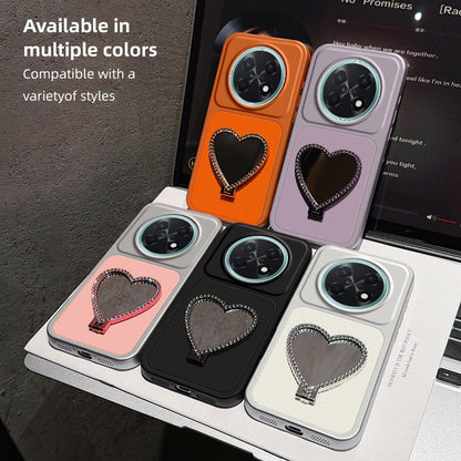 For Huawei Enjoy 90 Pro Max 5G Lambskin Series Skin Feel Shockproof Phone Case with Heart Mirror Holder - Orange - EDA009994303E