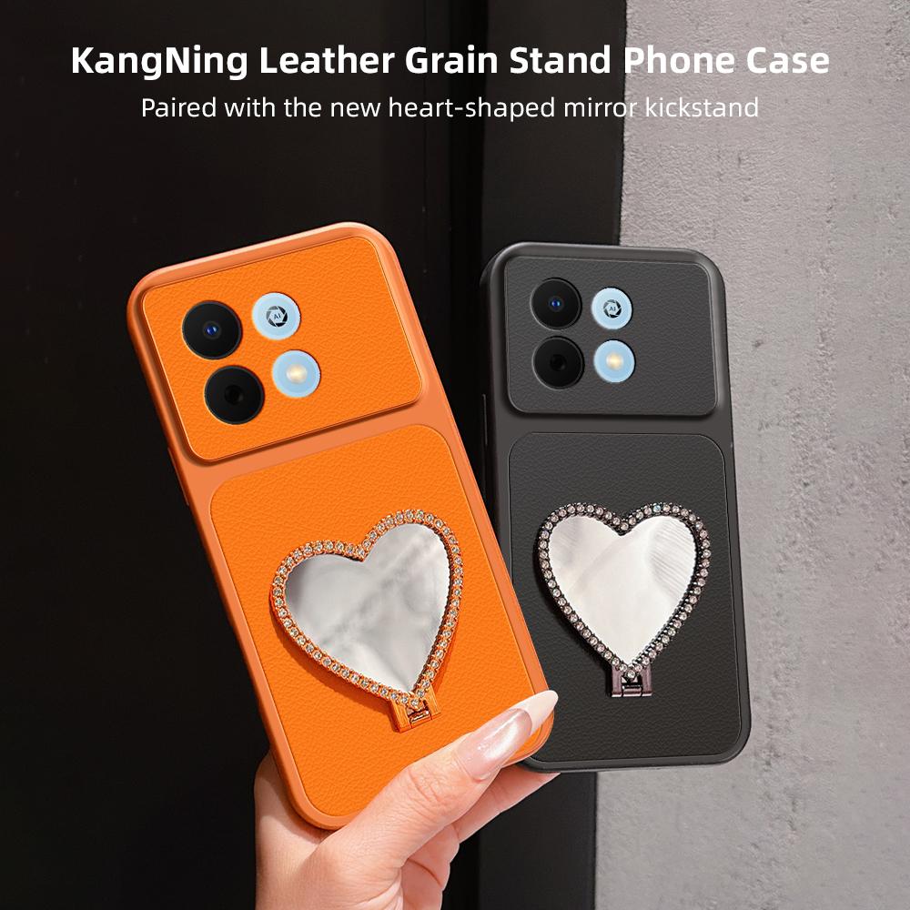 For Huawei Enjoy 90 5G Lambskin Series Skin Feel Shockproof Phone Case with Heart Mirror Holder - Pink - EDA009994304A
