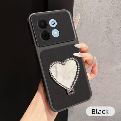 For Huawei Enjoy 90 5G Lambskin Series Skin Feel Shockproof Phone Case with Heart Mirror Holder - Black - EDA009994304C