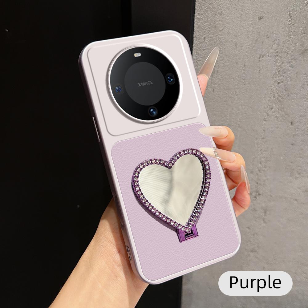 For Huawei Mate 60 Lambskin Series Skin Feel Shockproof Phone Case with Heart Mirror Holder(Purple)