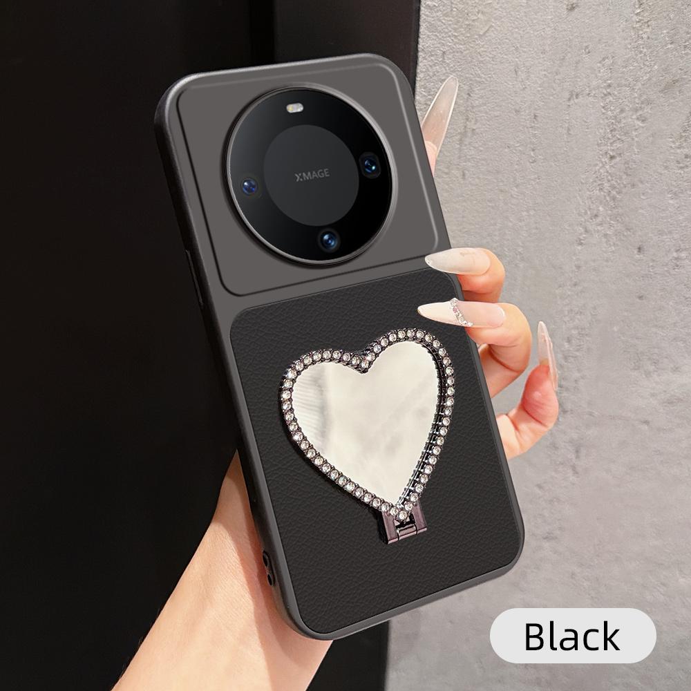 For Huawei Mate 60 Lambskin Series Skin Feel Shockproof Phone Case with Heart Mirror Holder(Black)