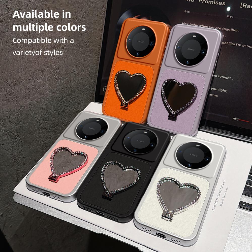 For Huawei Mate 60 Pro Lambskin Series Skin Feel Shockproof Phone Case with Heart Mirror Holder(Pink)