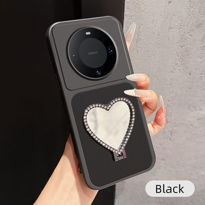For Huawei Mate 60 Pro Lambskin Series Skin Feel Shockproof Phone Case with Heart Mirror Holder(Black)