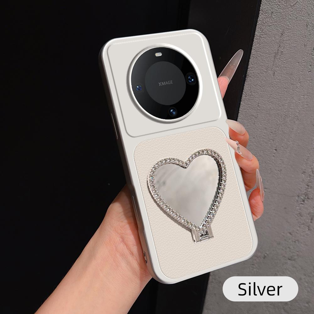 For Huawei Mate 60 Pro Lambskin Series Skin Feel Shockproof Phone Case with Heart Mirror Holder(Silver)