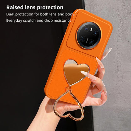 For Huawei Mate 70 Lambskin Series Skin Feel Shockproof Phone Case with Heart Mirror Holder(Pink)