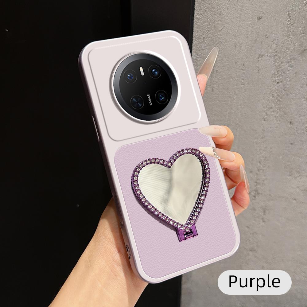 For Huawei Mate 70 Lambskin Series Skin Feel Shockproof Phone Case with Heart Mirror Holder(Purple)