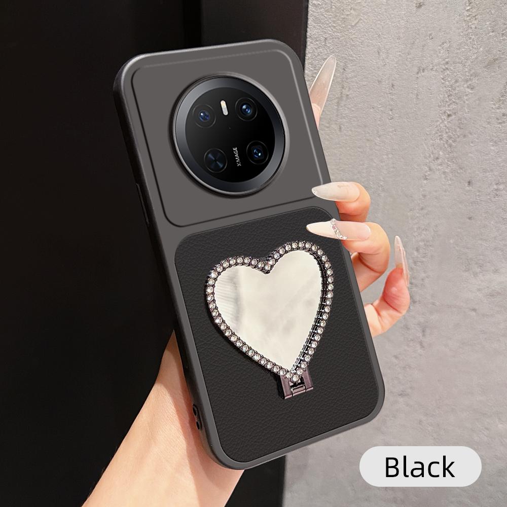 For Huawei Mate 70 Lambskin Series Skin Feel Shockproof Phone Case with Heart Mirror Holder(Black)