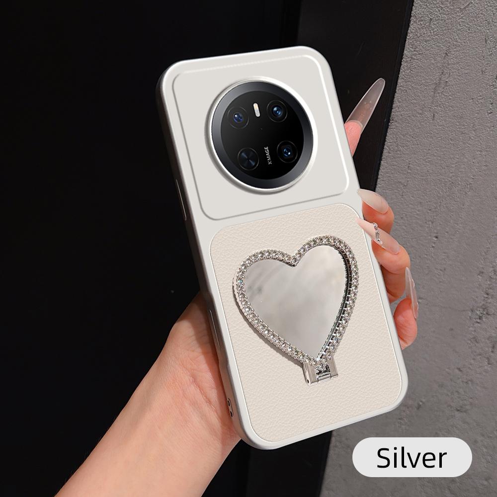 For Huawei Mate 70 Lambskin Series Skin Feel Shockproof Phone Case with Heart Mirror Holder(Silver)
