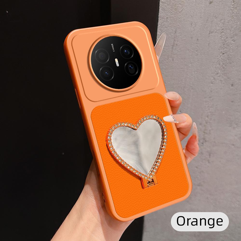 For Huawei Mate 70 Air 5G Lambskin Series Skin Feel Shockproof Phone Case with Heart Mirror Holder(Orange)