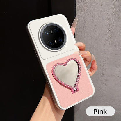 For Huawei Mate 70 Pro Lambskin Series Skin Feel Shockproof Phone Case with Heart Mirror Holder(Pink)