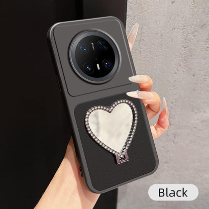 For Huawei Mate 70 Pro Lambskin Series Skin Feel Shockproof Phone Case with Heart Mirror Holder(Black)