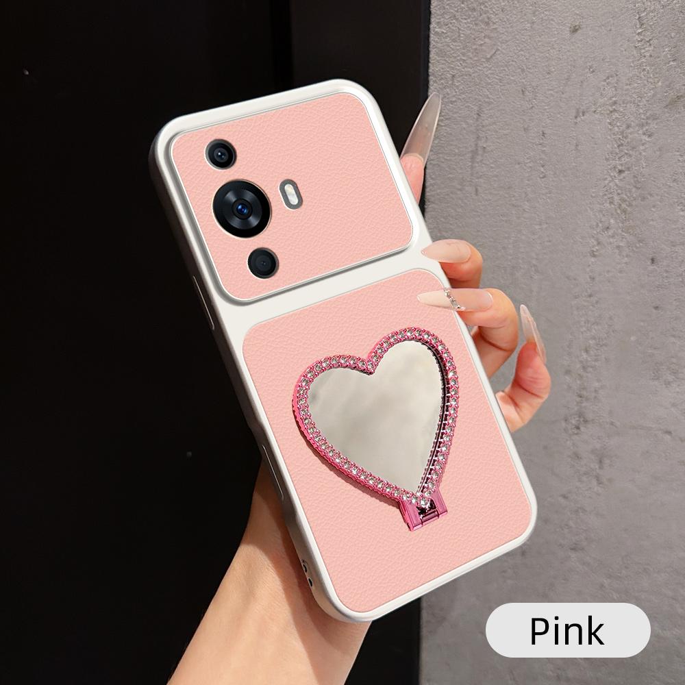 For Huawei nova 11 Lambskin Series Skin Feel Shockproof Phone Case with Heart Mirror Holder(Pink)