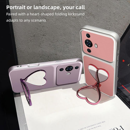 For Huawei nova 11 Lambskin Series Skin Feel Shockproof Phone Case with Heart Mirror Holder(Pink)