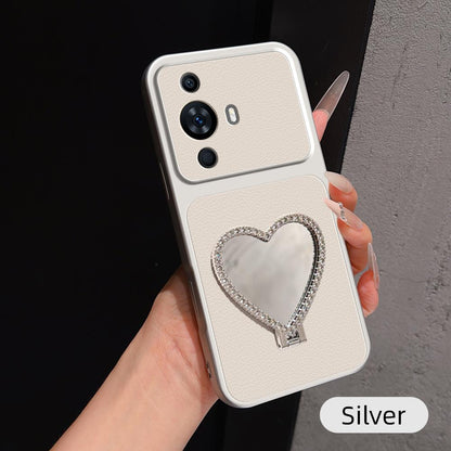 For Huawei nova 11 Lambskin Series Skin Feel Shockproof Phone Case with Heart Mirror Holder(Silver)