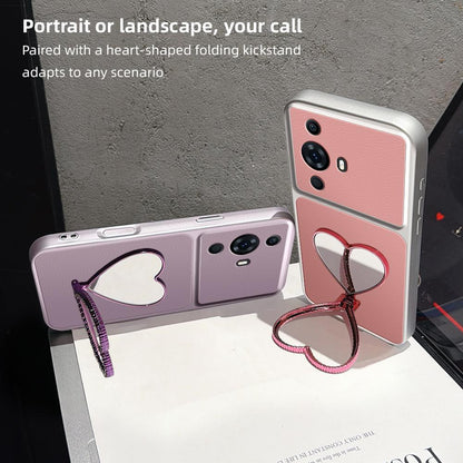 For Huawei nova 11 Pro Lambskin Series Skin Feel Shockproof Phone Case with Heart Mirror Holder(Pink)