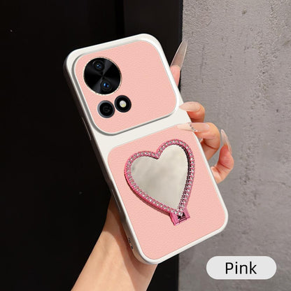 For Huawei nova 12 Pro Lambskin Series Skin Feel Shockproof Phone Case with Heart Mirror Holder(Pink)