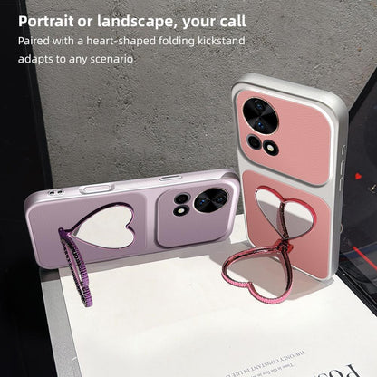 For Huawei nova 12 Pro Lambskin Series Skin Feel Shockproof Phone Case with Heart Mirror Holder(Pink)