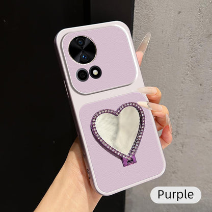 For Huawei nova 12 Pro Lambskin Series Skin Feel Shockproof Phone Case with Heart Mirror Holder(Purple)